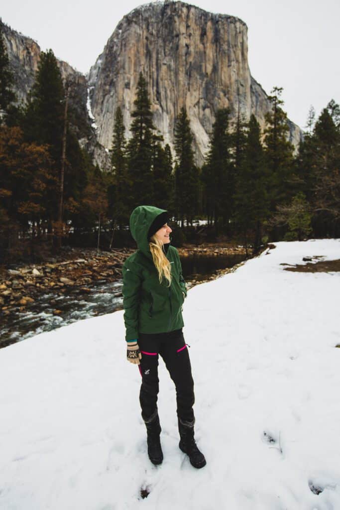 Cortazu Women's Hard Shell Jacket in front of El Capitan