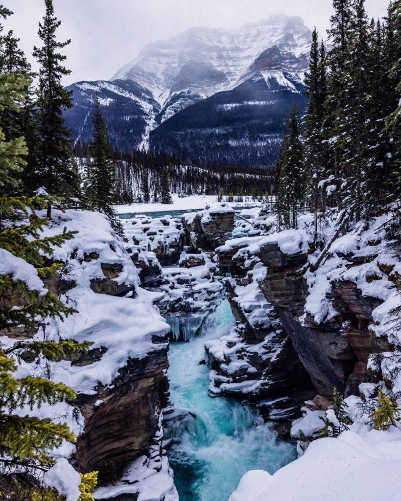 Athabasca Falls covered in snow during the winter in Jasper National Park