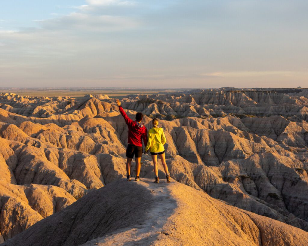 Badlands National Park at sunset for a stop along a south dakota road trip