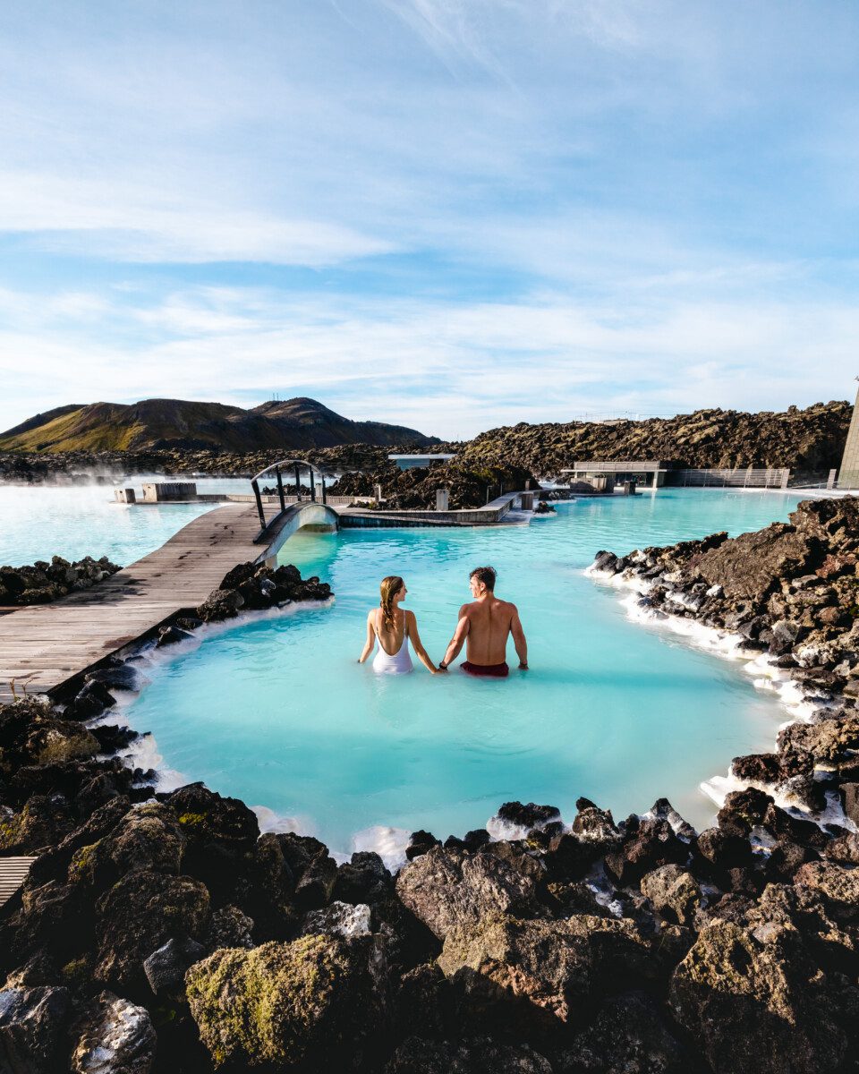 Couple swimming in Iceland's Blue Lagoon near Reykjavik