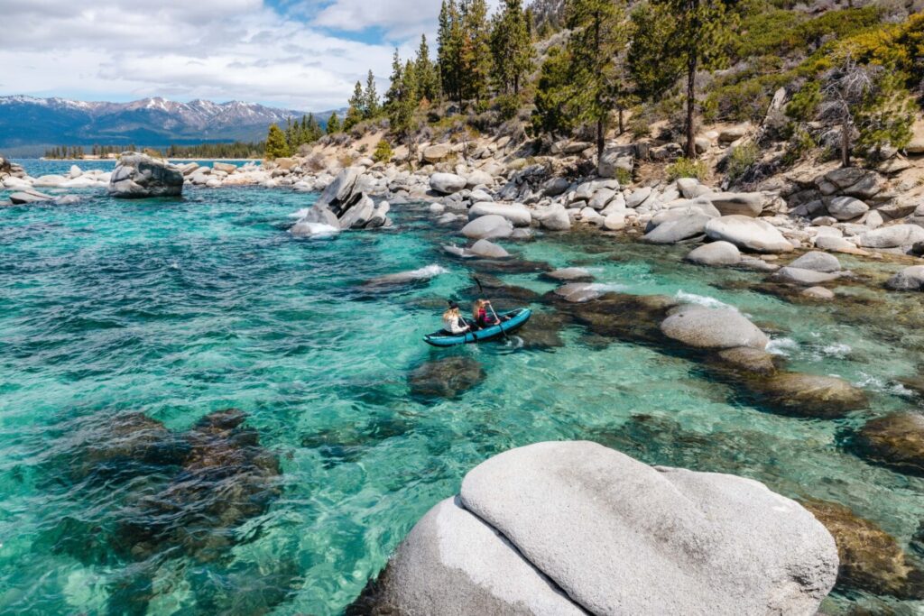 Kayaking around Bonsai Rock in Lake Tahoe in the summer