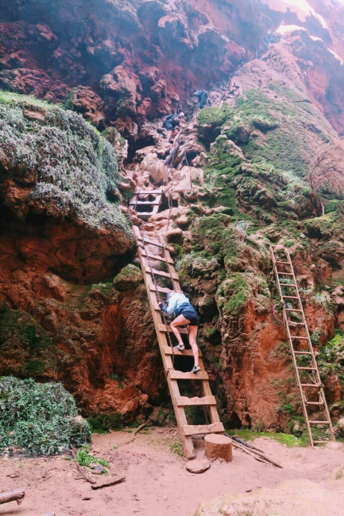 Climbing down the ladder to Mooney Falls