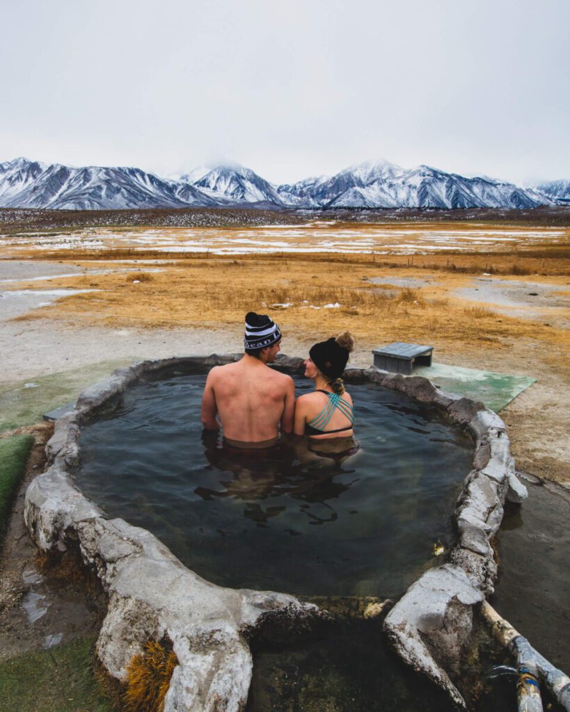 Soaking in natural hot springs in mammoth near highway 395