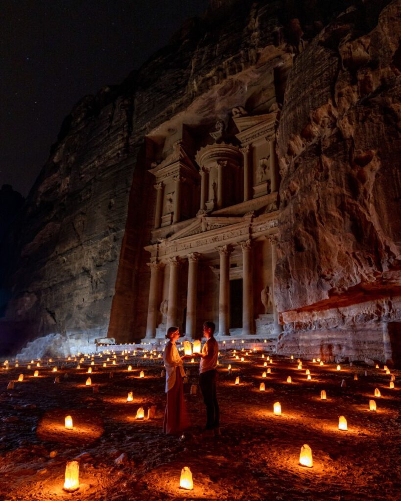 Petra at Night with candles and lights in Jordan