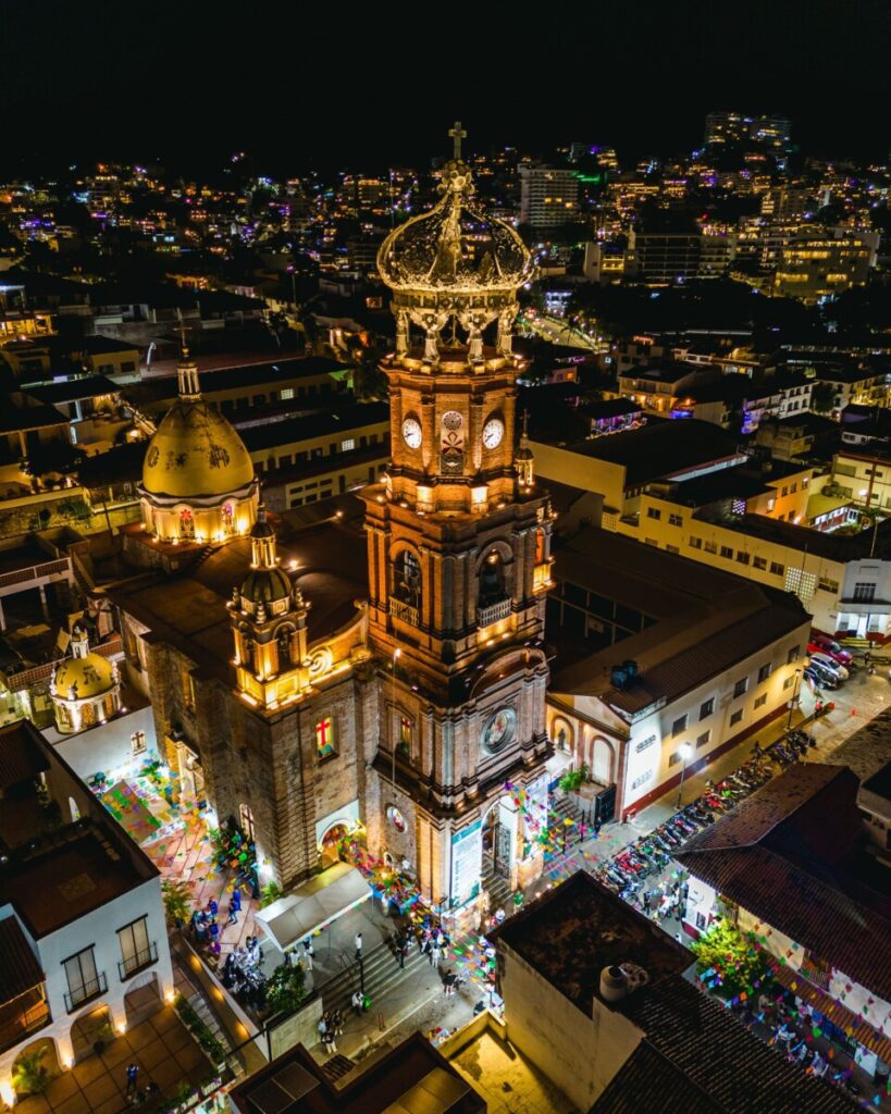 beautiful church in puerto vallarta, mexico at night