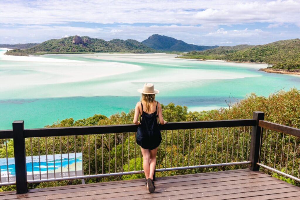 Standing at the lookout over Hill Inlet and Whitehaven Beach near Hamilton Island