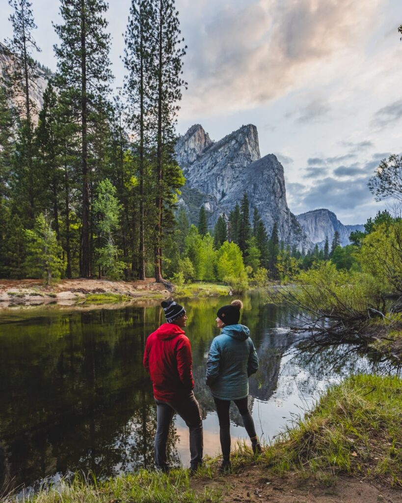 adventure travel couple in yosemite national park, california