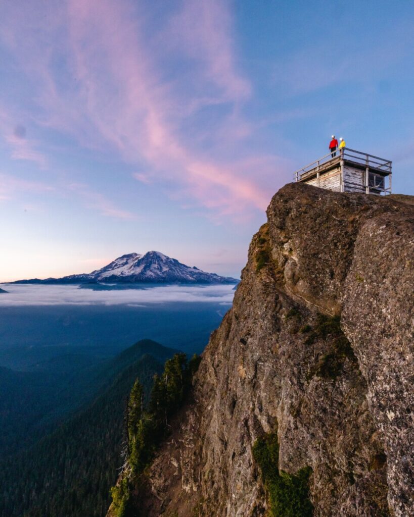 High Rock Lookout and a beautiful sunset in front of Mount Rainier while on a Washington road trip