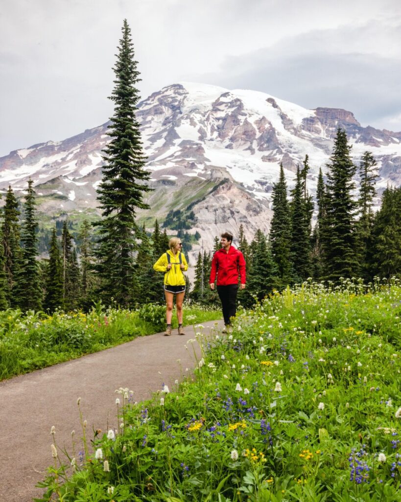 Hiking the Nisqually Vista Trail in Mount Rainier National Park with wildflowers