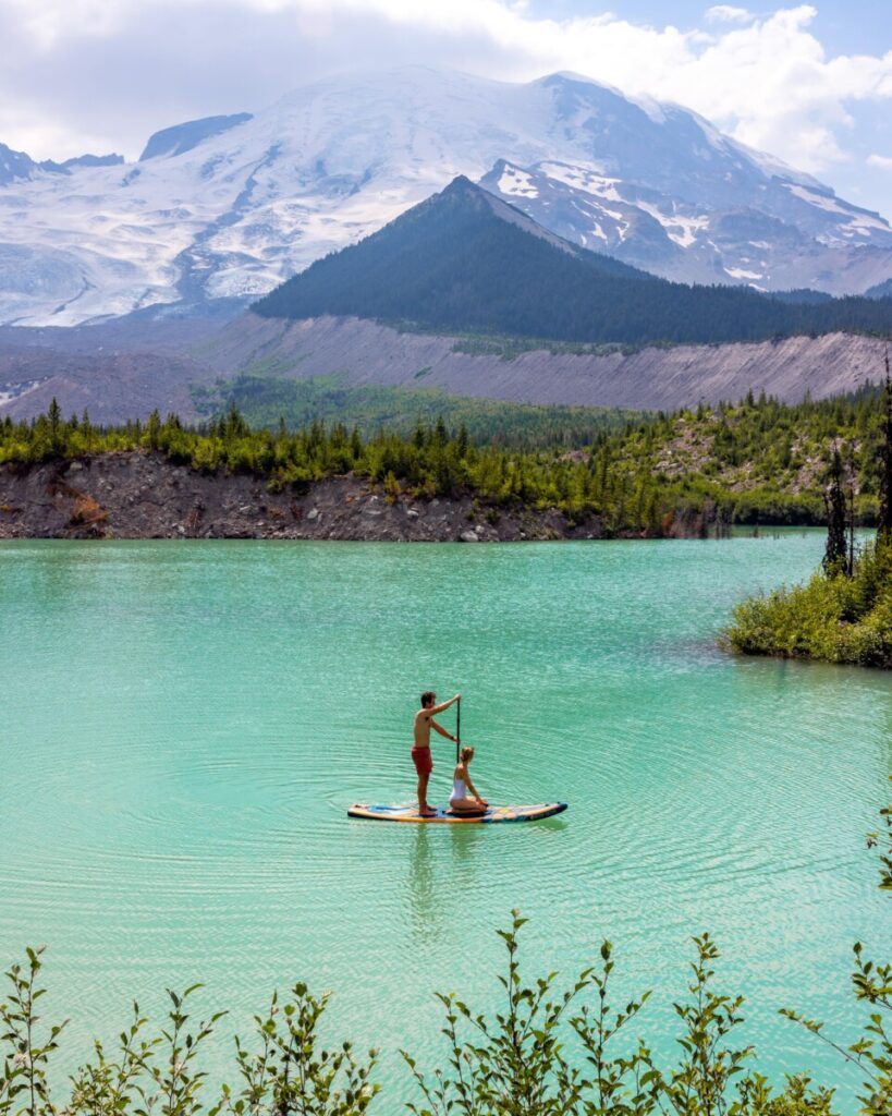 Paddle Boarding on a beautiful lake near Mount Rainier National Park