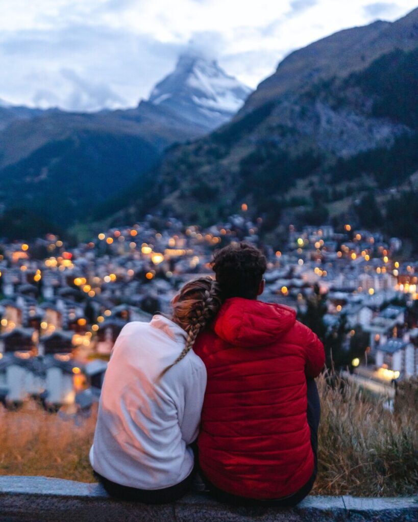 Overlooking Zermatt, Switzerland at blue hour with the Matterhorn in the background