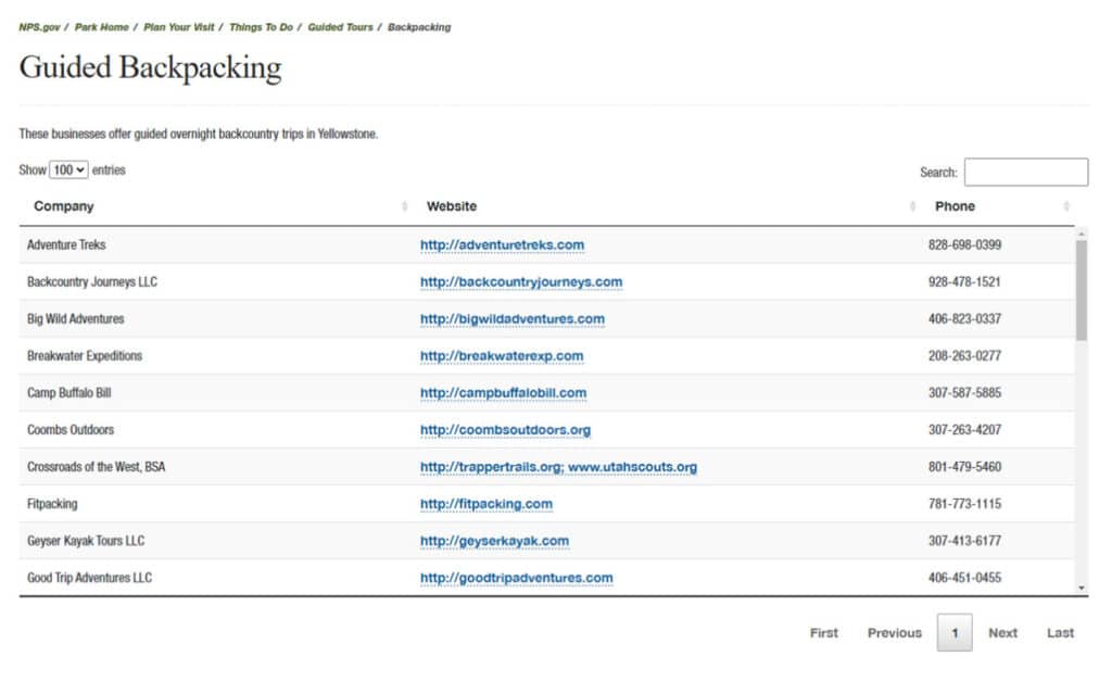 Yellowstone Guided Backpacking Businesses