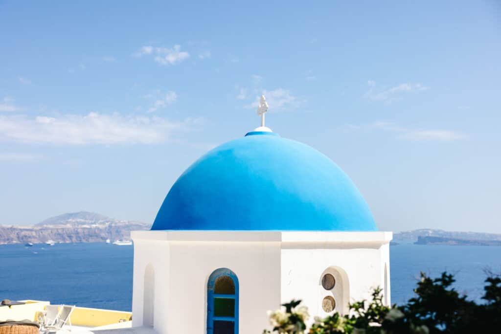 Famous blue domes of Oia, Santorini in Greece