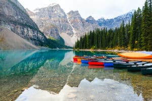 Moraine Lake Canoes at Sunrise