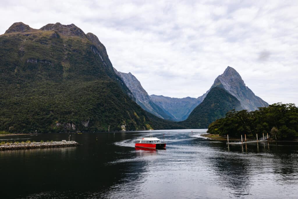 Boat in Milford Sound New Zealand South Island