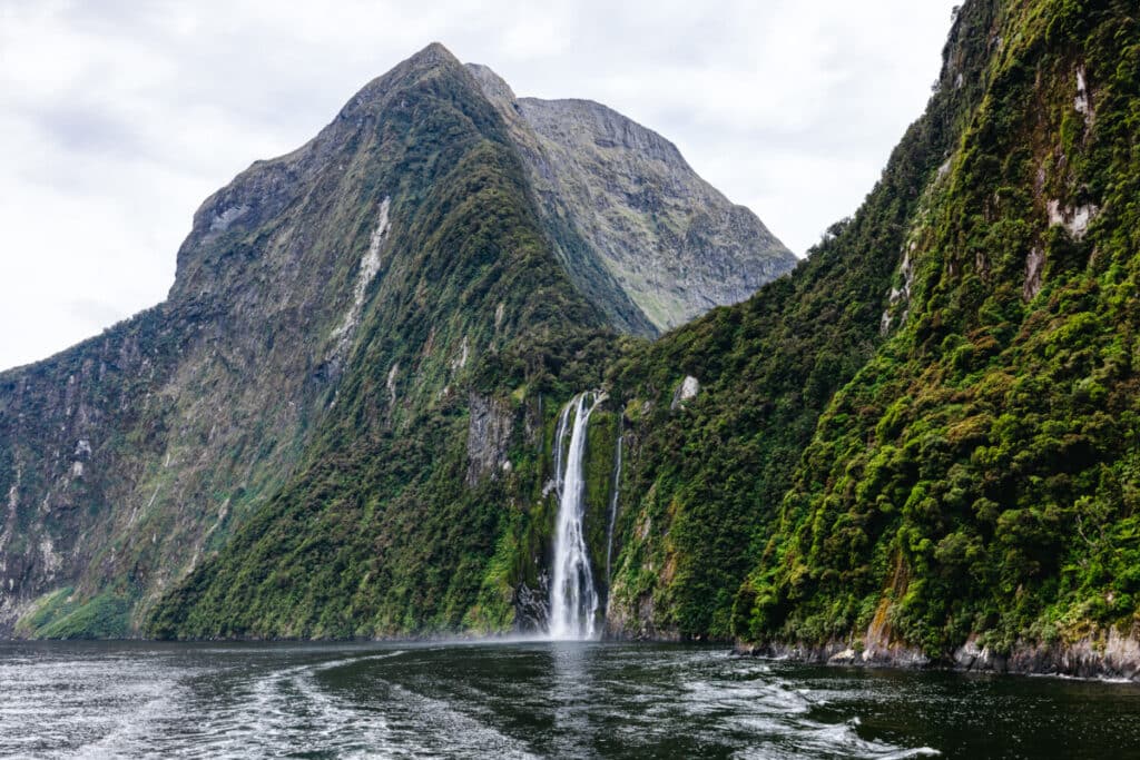 Waterfall in Milford Sound New Zealand South Island