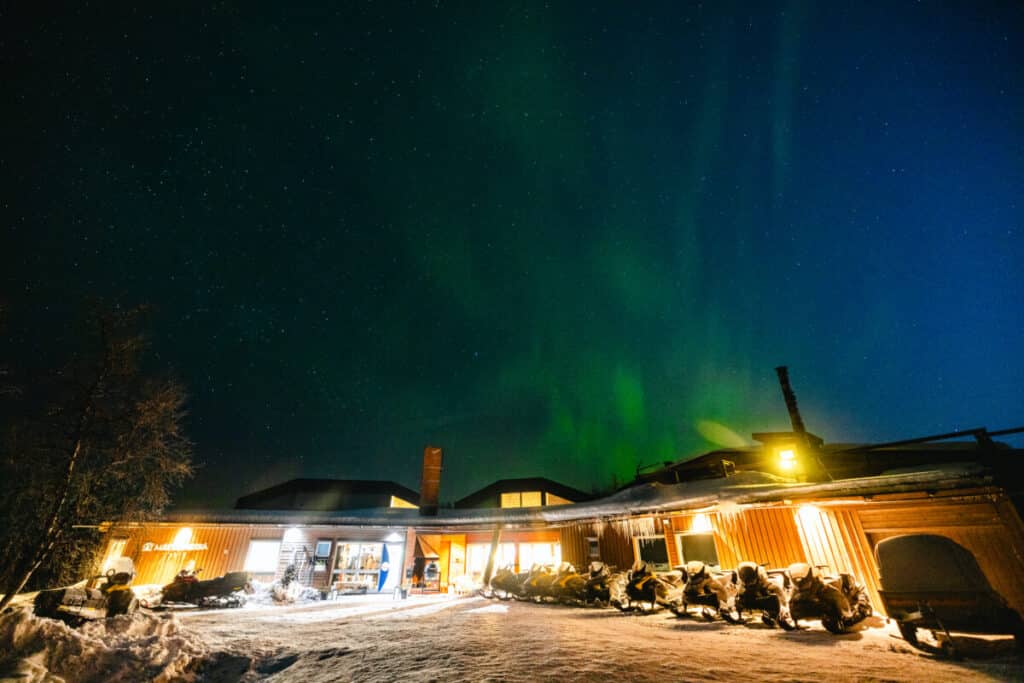Northern Lights above a hotel in Kiruna, Sweden