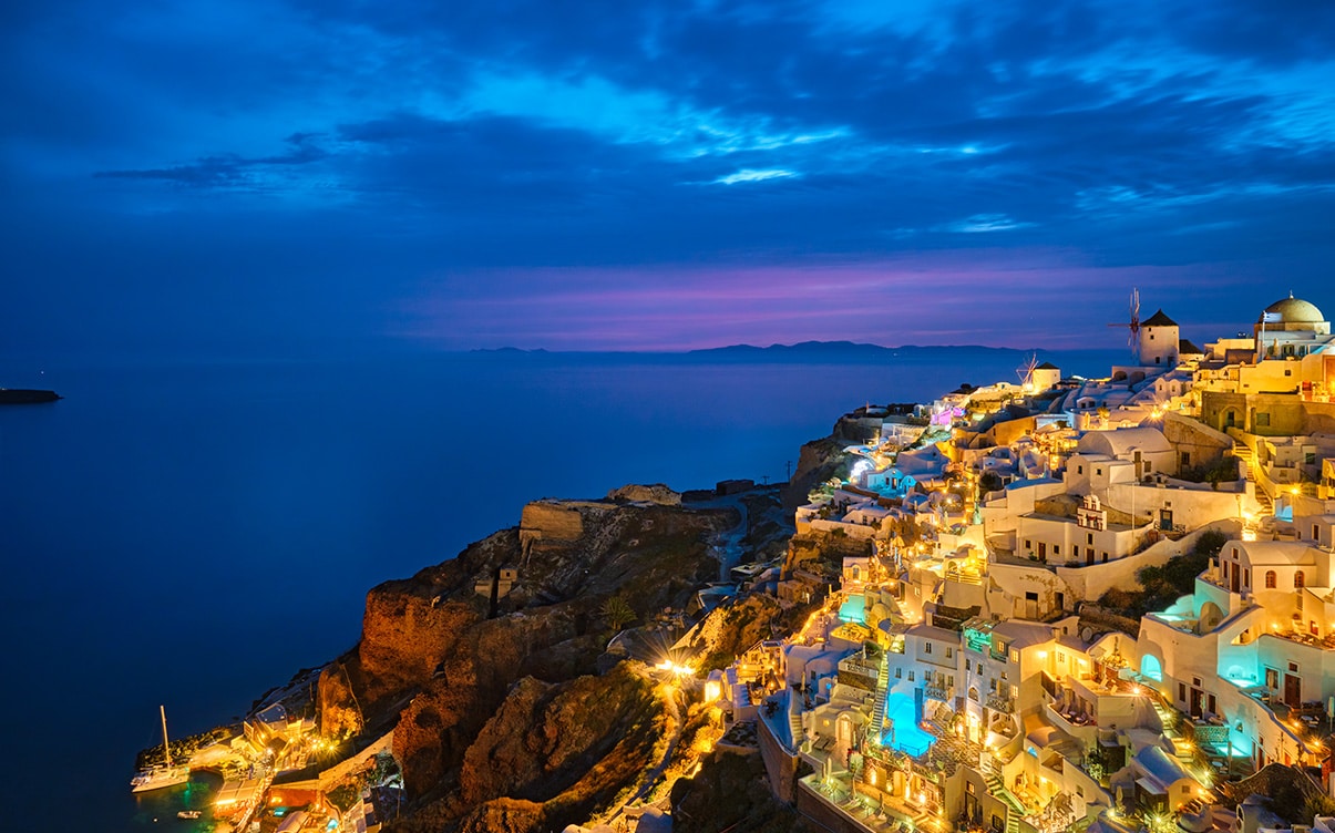 Oia Village at Night on Santorini Island Greece