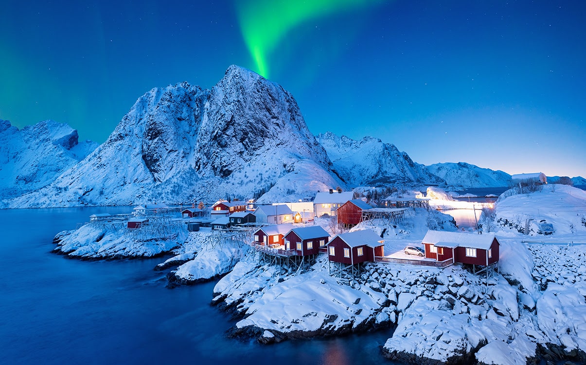 The Northern Lights in Hamnoy Village Norway