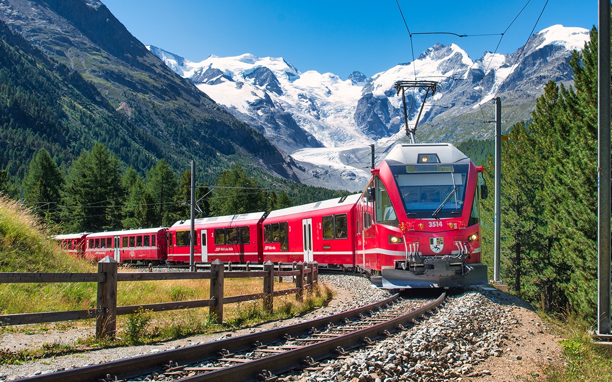 The Bernina Express Train in the Swiss Alps