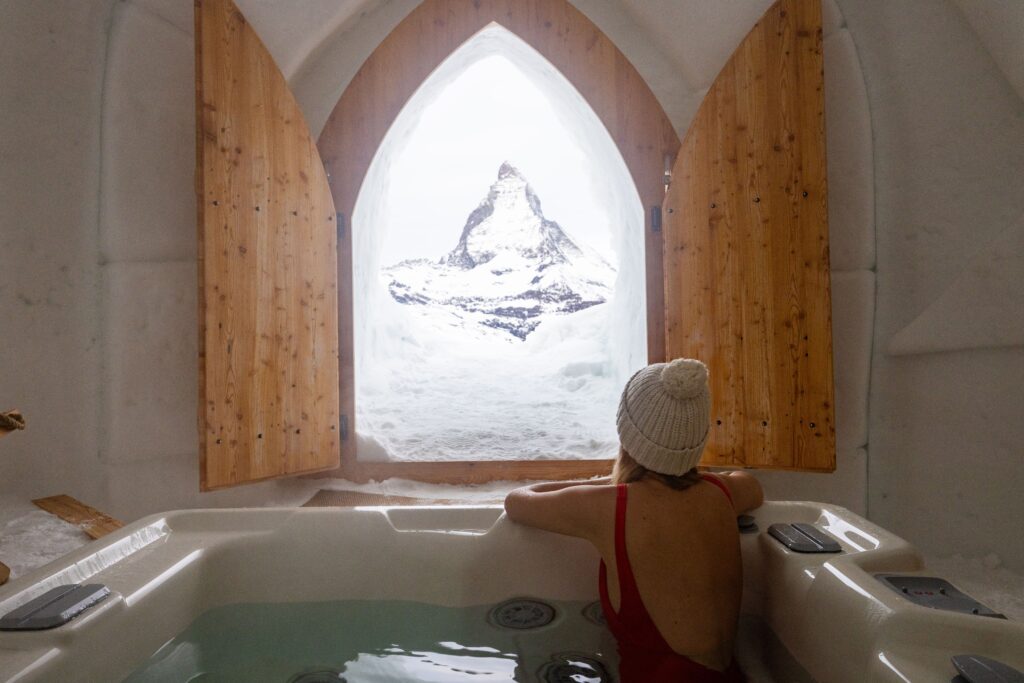 View of Matterhorn from Iglu-Dorf Hotel room hot tub