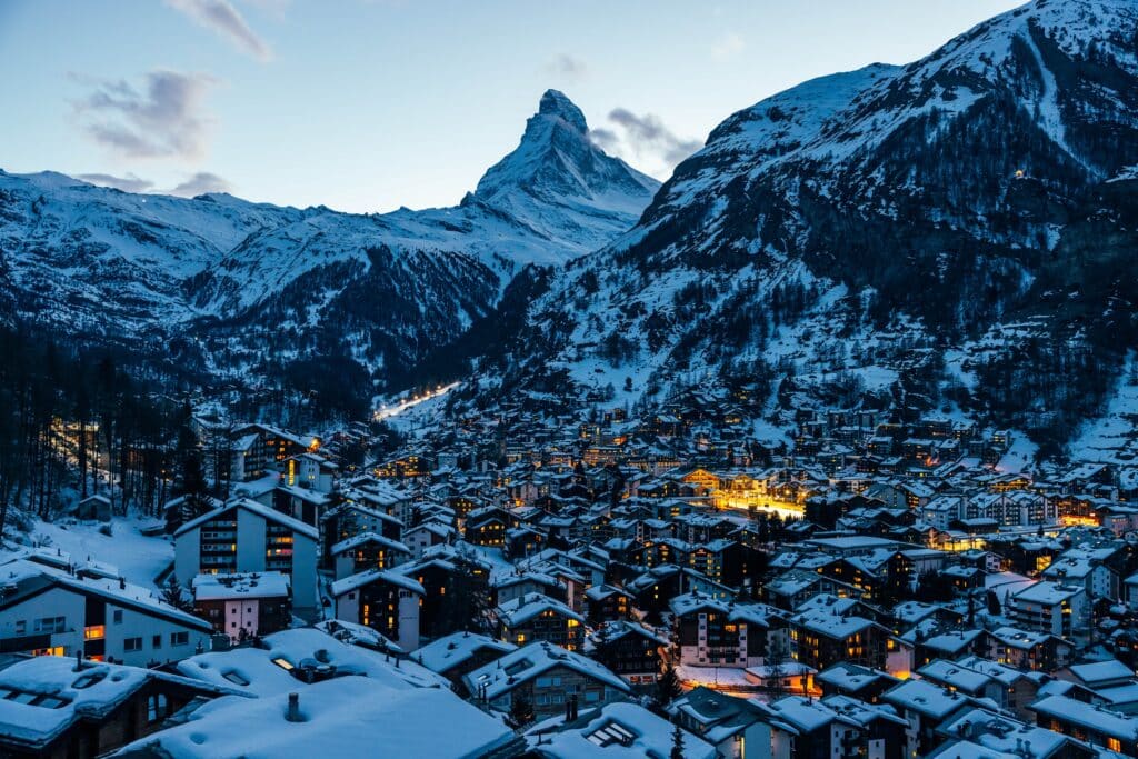 Zermatt Village overlooking snowy Matterhorn at night
