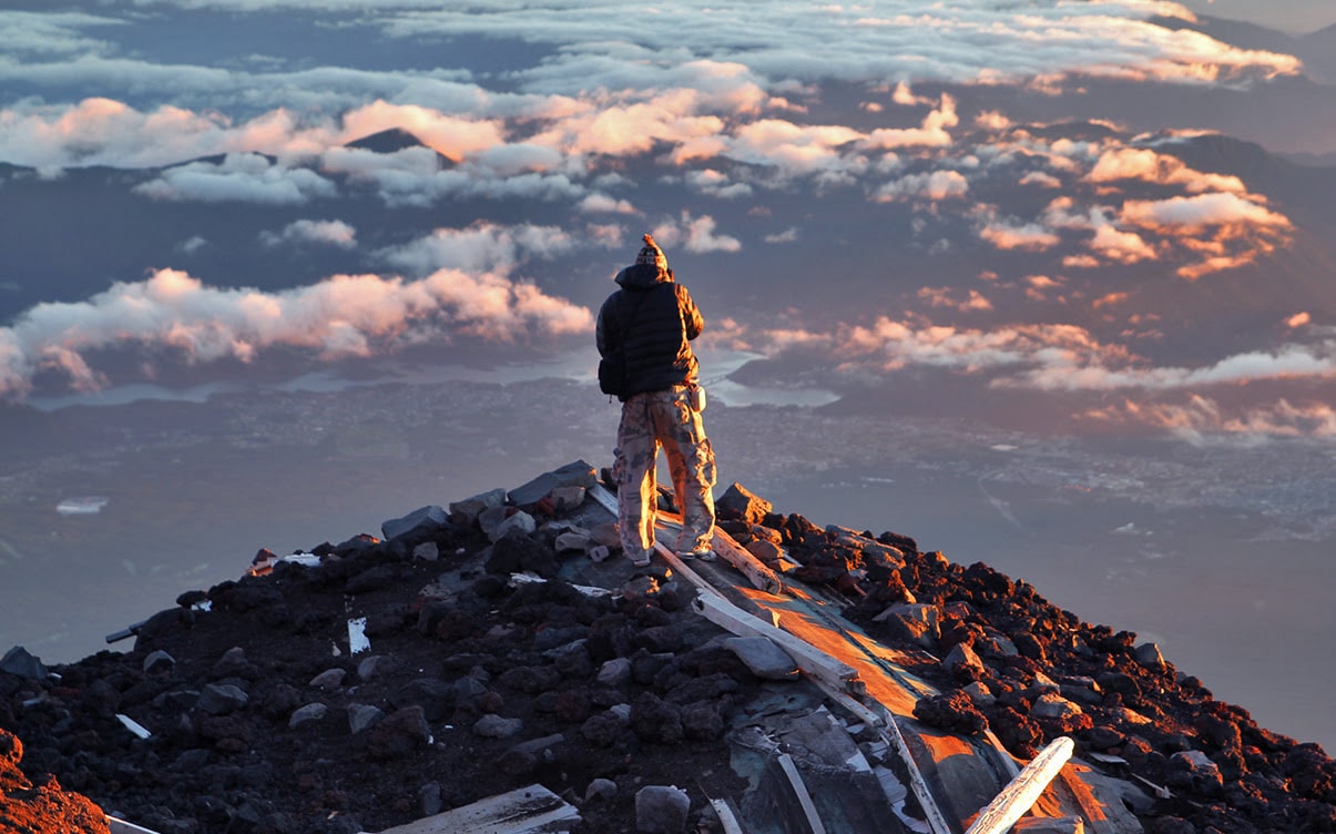 A Hiker at a High Altitude on Mt Fuji