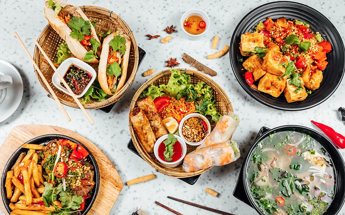 Bowls of Various Vietnamese Foods