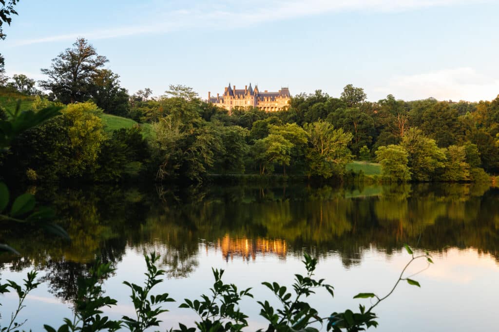 Biltmore Estate at sunset above the Lagoon